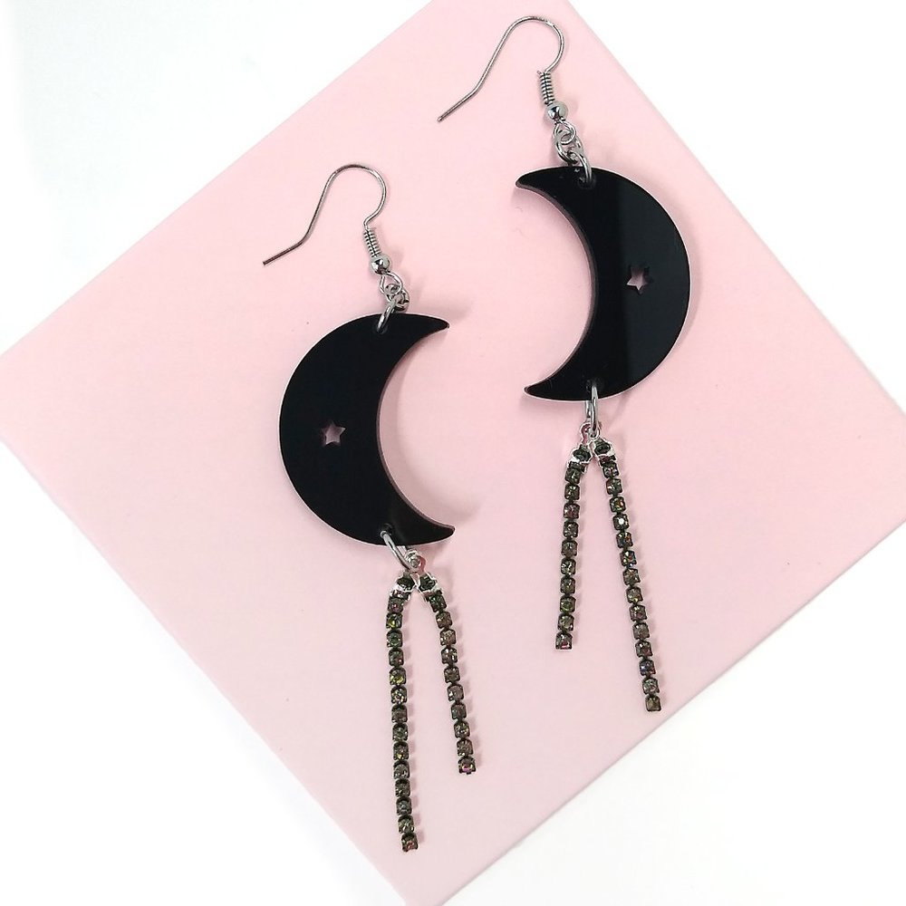 🌙 New Black Moon Star Rhinestone Dangle Earrings Celestial Whimsigoth Wicca 4"